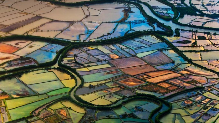 Aerial view of flooded rice paddies in Indonesia