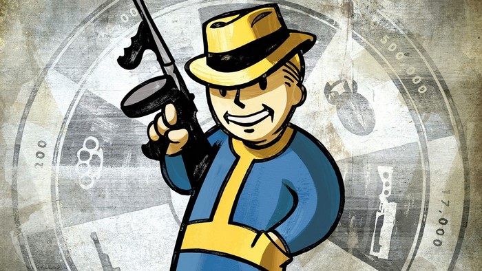 Vault Boy from Fallout holding a Tommy Gun