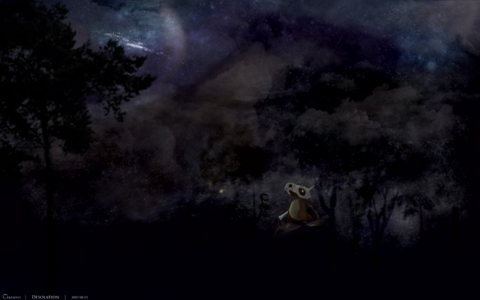 Cubone from Pokemon in a dark forest at night