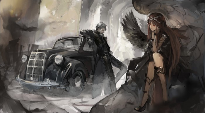 Anime characters with angel wings and an old car