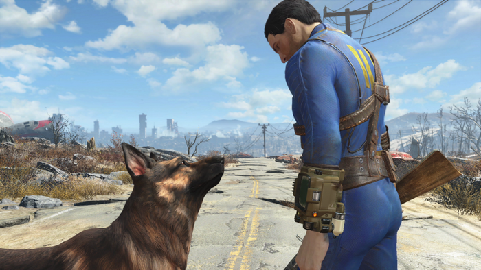 Man in Vault Suit with Dog in Post-Apocalyptic City