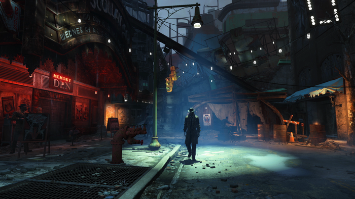 Fallout 4 screenshot of a post-apocalyptic street at night