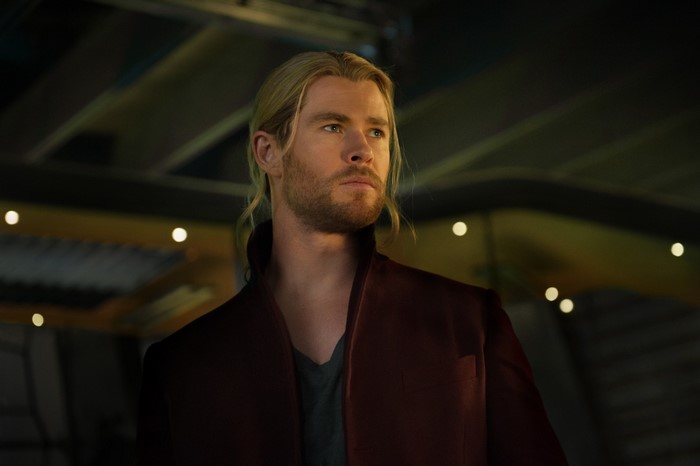 Thor from The Avengers wearing a maroon jacket