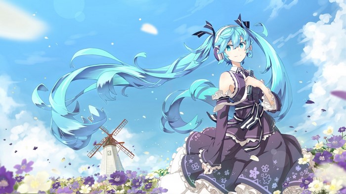 Hatsune Miku in a field of flowers with a windmill