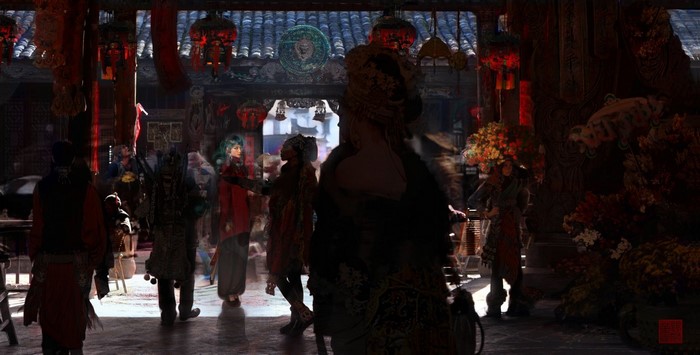 People in traditional Chinese attire in a marketplace