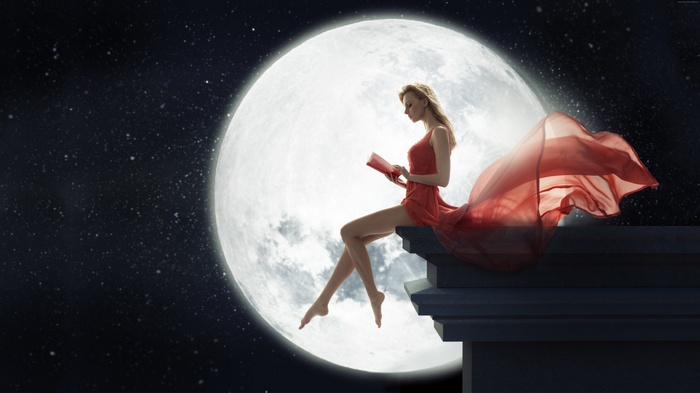 night, dress, red, moon, girl, book