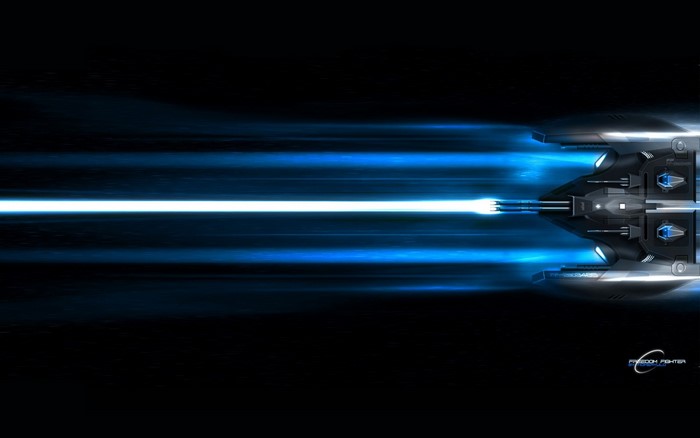 Spaceship firing a bright blue beam of light
