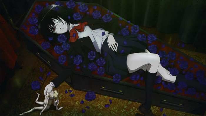 Misaki Mei from Another in a coffin with roses