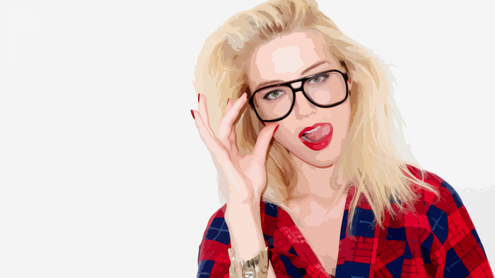Amber Heard wearing glasses and red plaid shirt