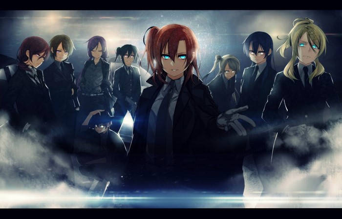 Group of anime characters from Love Live in suits