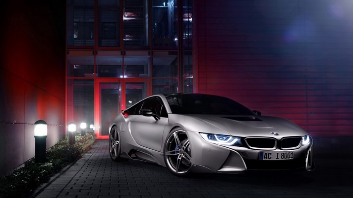Silver BMW i8 AC Schnitzer parked at night