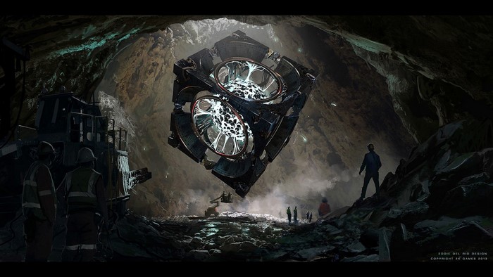 Concept art of a cube in a cave from XCOM
