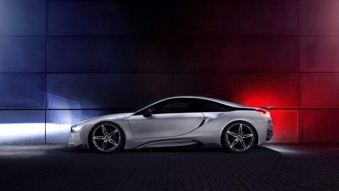 Silver BMW i8 Sports Car with Blue and Red Lighting