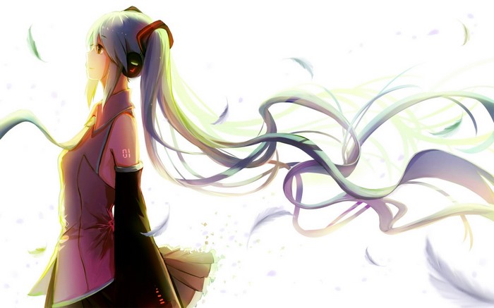 Hatsune Miku with long flowing hair and feathers