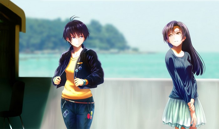 Two anime girls in casual outfits by the sea