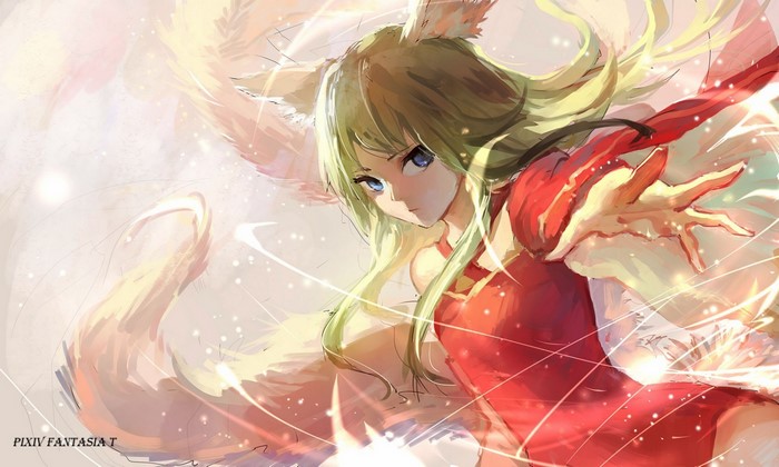 Anime girl with fox ears and tails