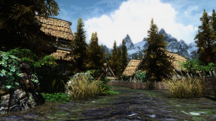 The Elder Scrolls V Skyrim landscape with mountains and village