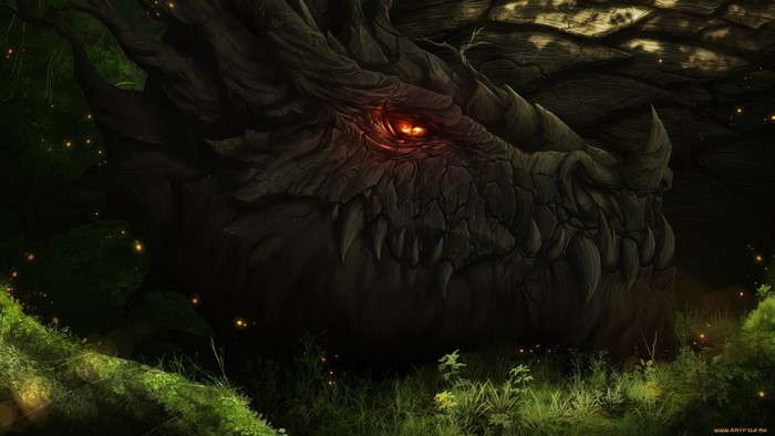 Dragon with glowing eye in a dark forest