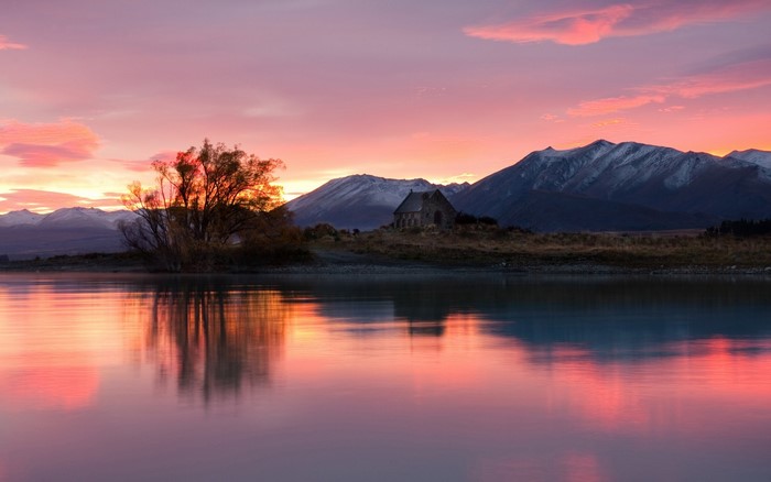 Church of the Good Shepherd at Lake Tekapo during sunset
