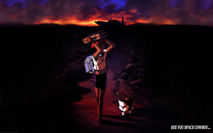 Edward and Ein from Cowboy Bebop walking at sunset