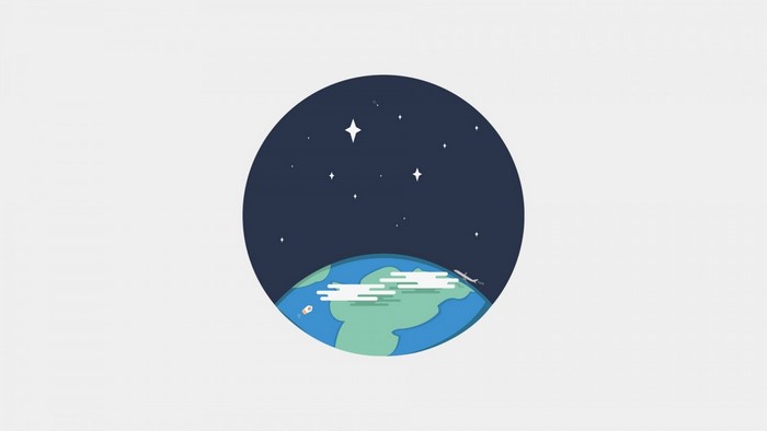 Illustration of Earth in space with stars, clouds, and a rocket