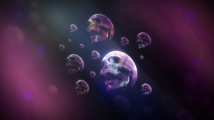 Abstract digital art of floating skulls with purple light