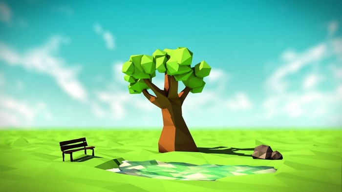 Low poly landscape with tree, bench, and pond