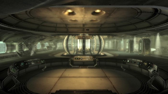 Interior of a futuristic laboratory with a central machine