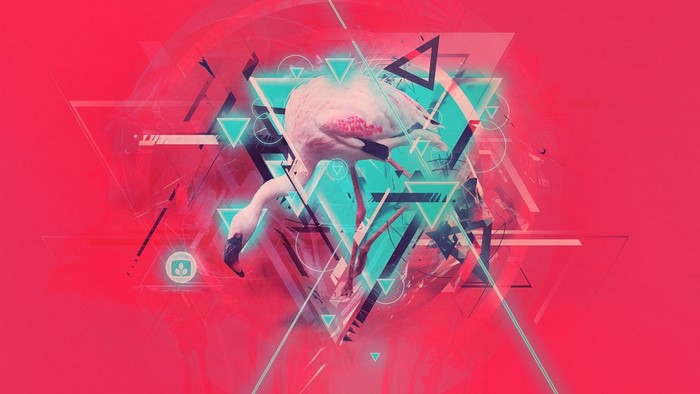 Abstract digital art with flamingo and geometric shapes