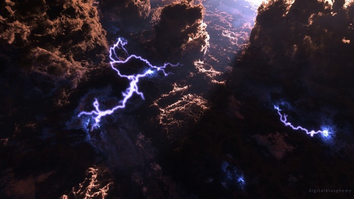 Lightning strikes through dark, stormy clouds