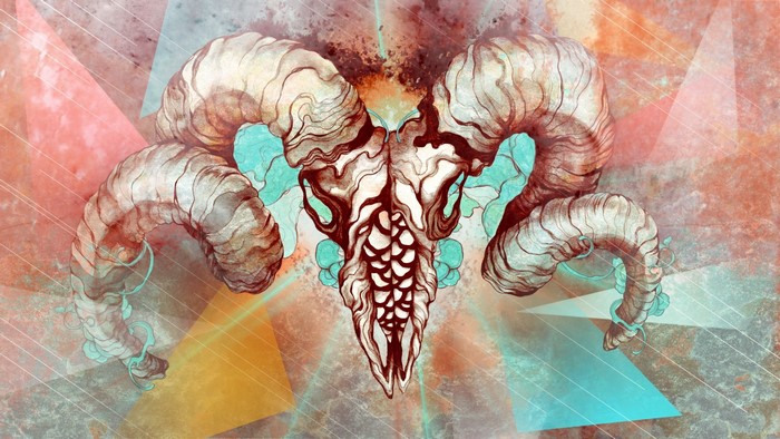 Ram skull with abstract geometric background