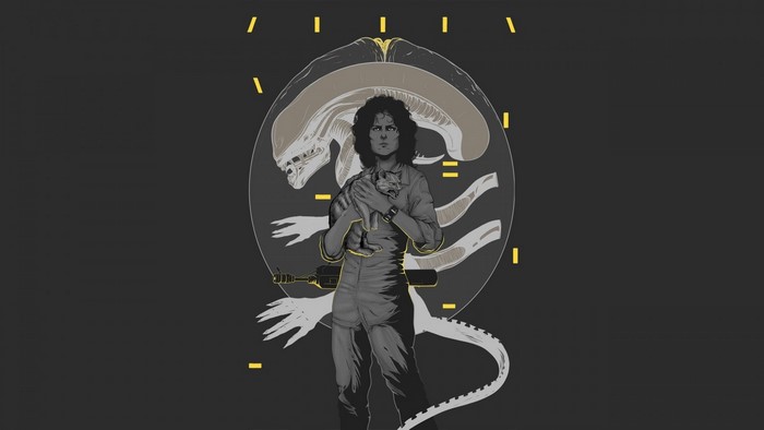 Ripley holding Jonesy from Alien with Xenomorph behind