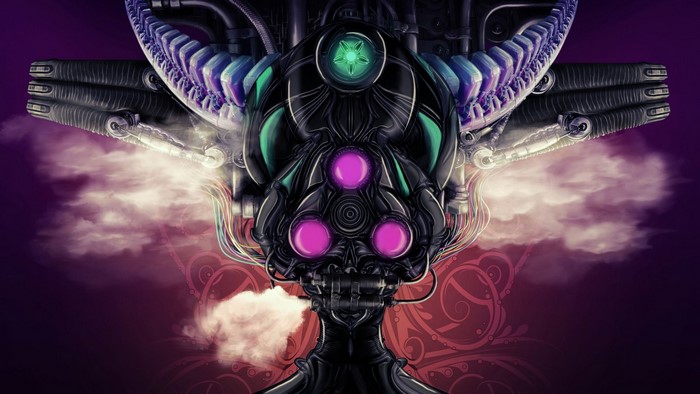 Abstract mechanical head with purple and green lights