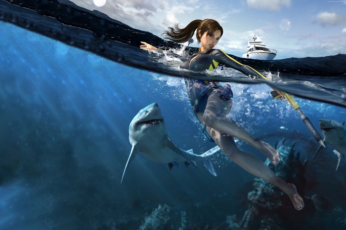 hunting, Tomb Raider, yaht, Lara Croft, shark, action, Illustration, underwater