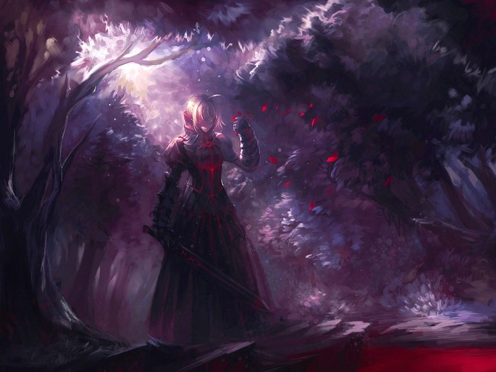 Saber Alter from Fate/Stay Night in a dark forest