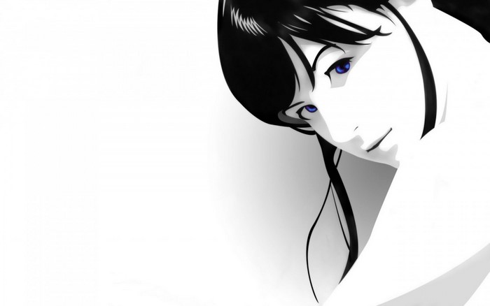 Illustration of a woman with blue eyes and black hair