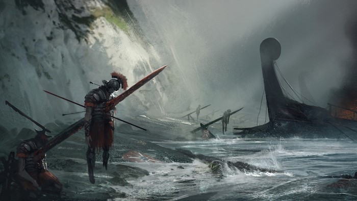 Roman soldiers in a shipwreck with Viking ships