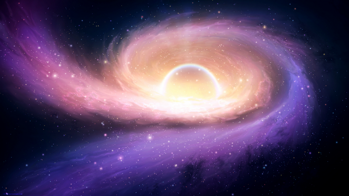 Spiral galaxy with glowing center and stars