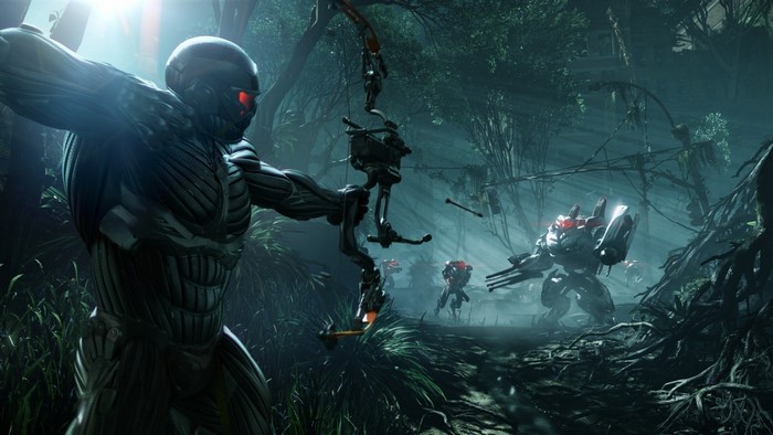 Prophet from Crysis 3 aiming a bow in a jungle