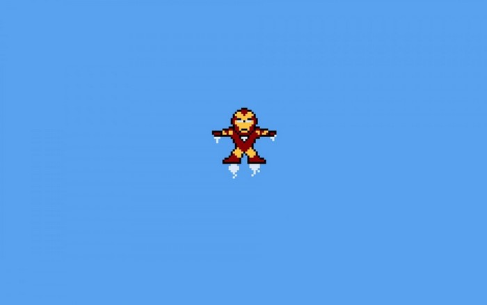 Pixel art Iron Man flying in the sky