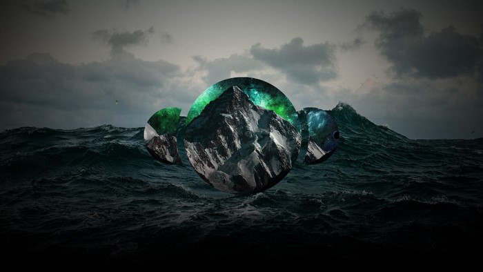 Mountains and galaxy in circles over a stormy sea