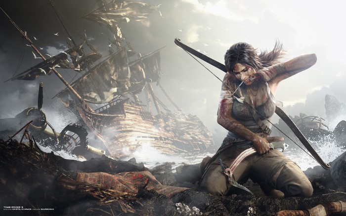 Lara Croft from Tomb Raider with a bow and arrow