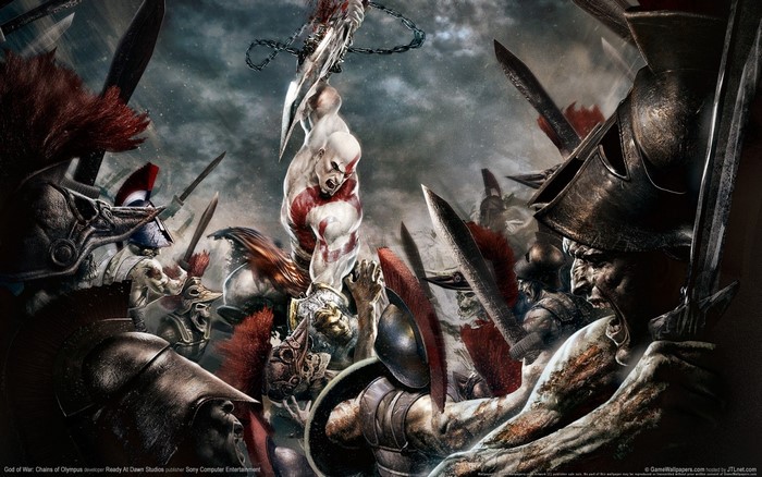 Kratos from God of War fighting soldiers