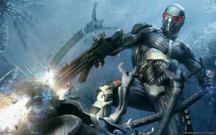 Soldier in Nanosuit firing weapon at alien creature in Crysis 3
