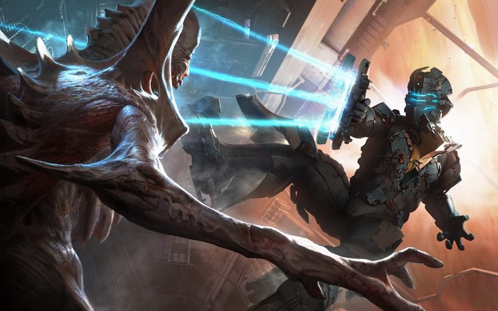Isaac Clarke fighting a Necromorph in Dead Space