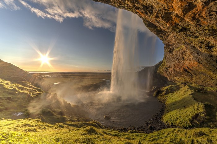 Seljalandsfoss waterfall in Iceland at sunrise