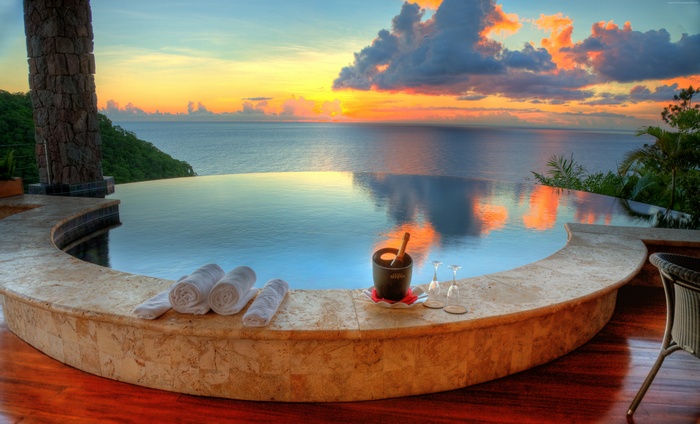 Infinity pool at Jade Mountain Resort, Saint Lucia at sunset