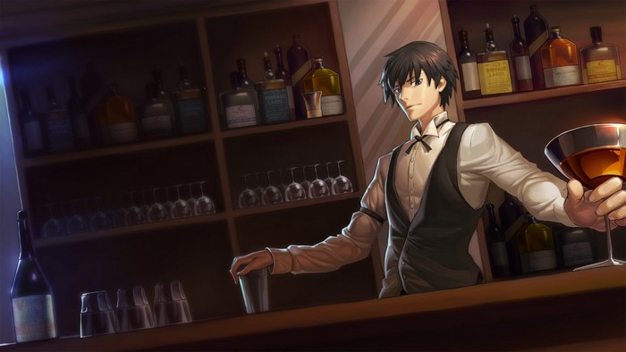 Hei from Darker than Black holding a drink at a bar
