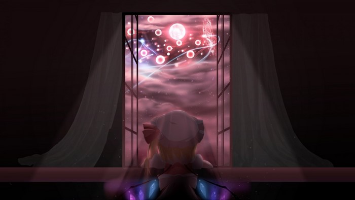 Flandre Scarlet from Touhou looking out a window at a pink sky