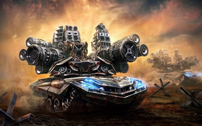 Fantasy art of a futuristic tank with speakers